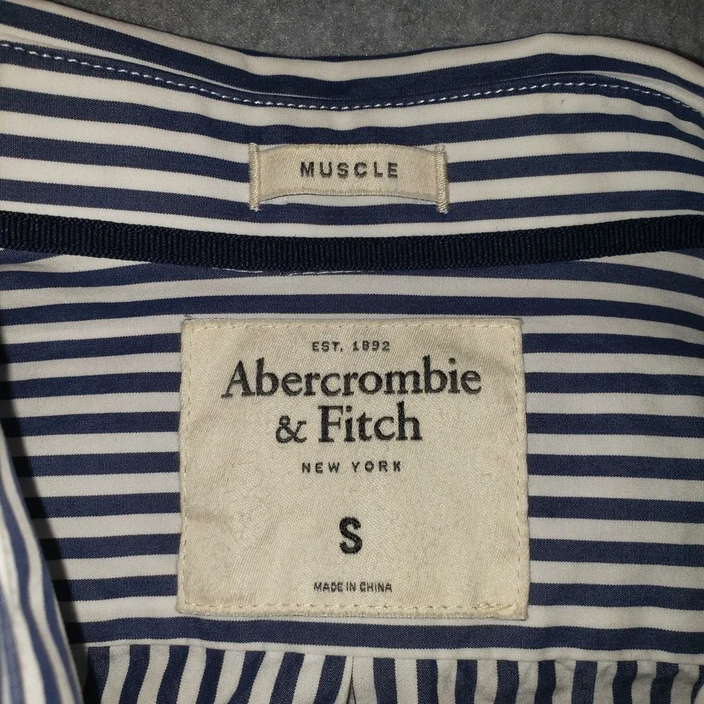 Abercrombie & Fitch Muscle Button Up Shirt Men Blue White Stripe Sz S Moose Logo